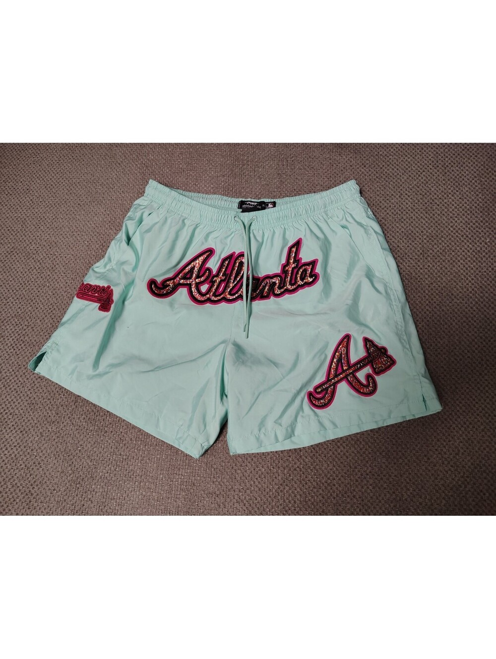 Pro Standard Atlanta Braves Shorts Mens XL Aqua Mint Pink Chenille Patches MLB